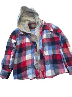 Kids Woolrich Red & Blue Plaid Hooded Flannel Shirt Jacket. Size 10-12